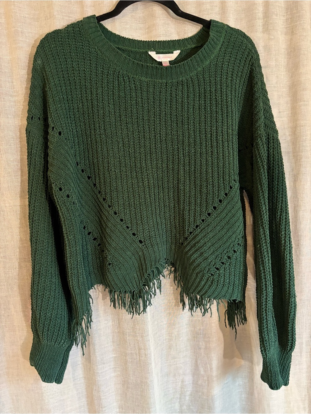 No Boundaries Dark Green Fringe Crewneck Sweater